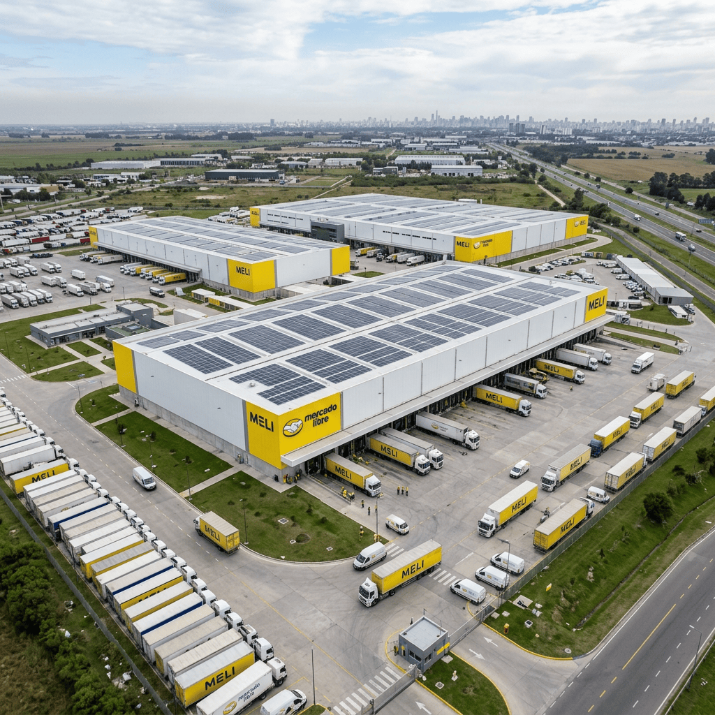 Aerial view of Mercado Libre warehouses with solar panels and delivery trucks